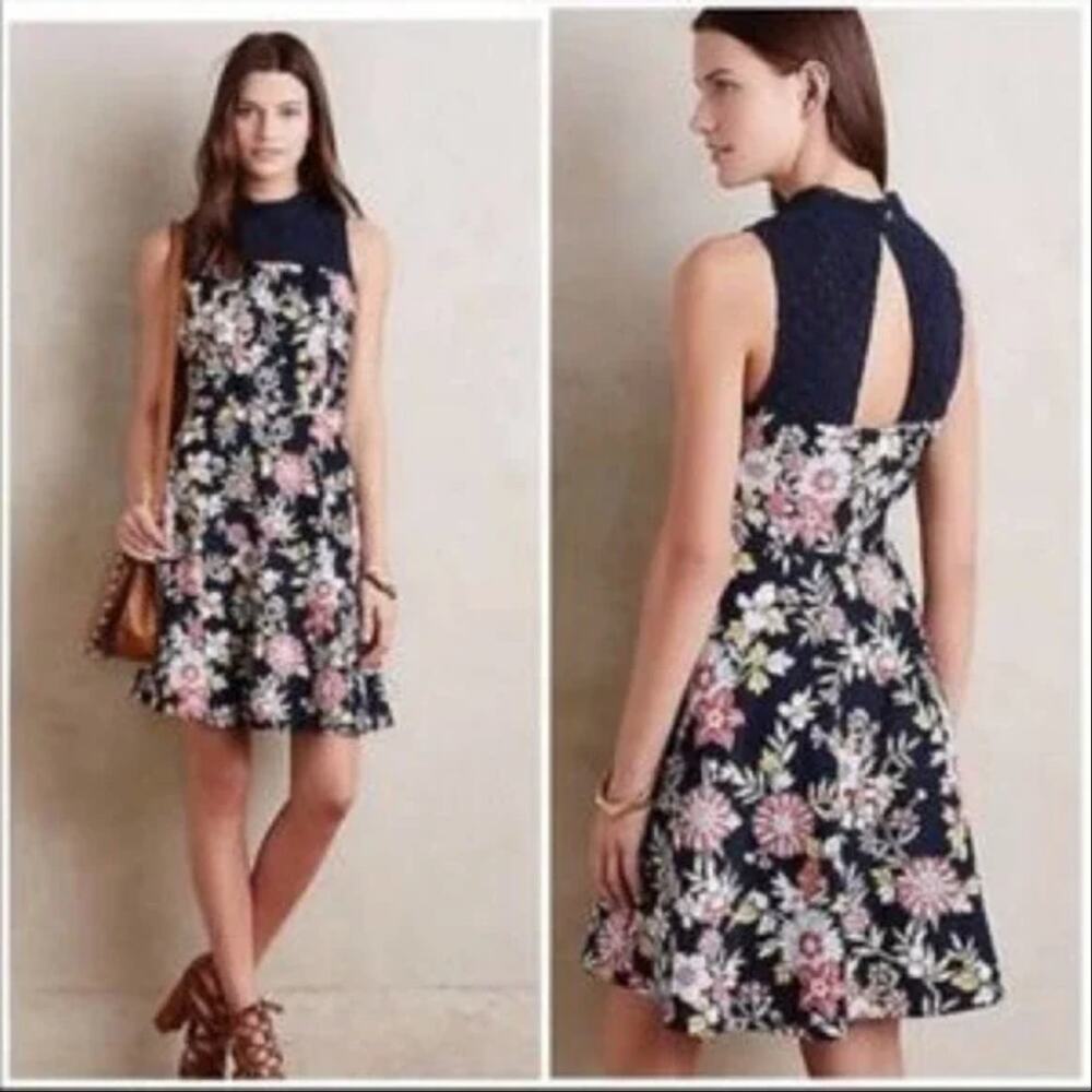 Anthropologie Moulinette Souers Ashbury Dress Corduroy Floral Crotchet Neckline - Picture 2 of 6